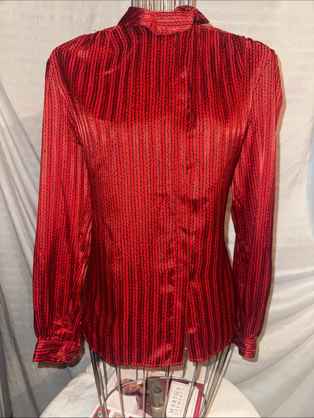 Vintage Evan Piccone, Long-Sleeve Red Satin Blouse w Black Stripes, 10